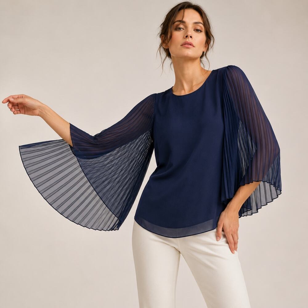 MM Couture Pleated Flare Sleeve Top  Medium Navy Blue Chiffon Plisse